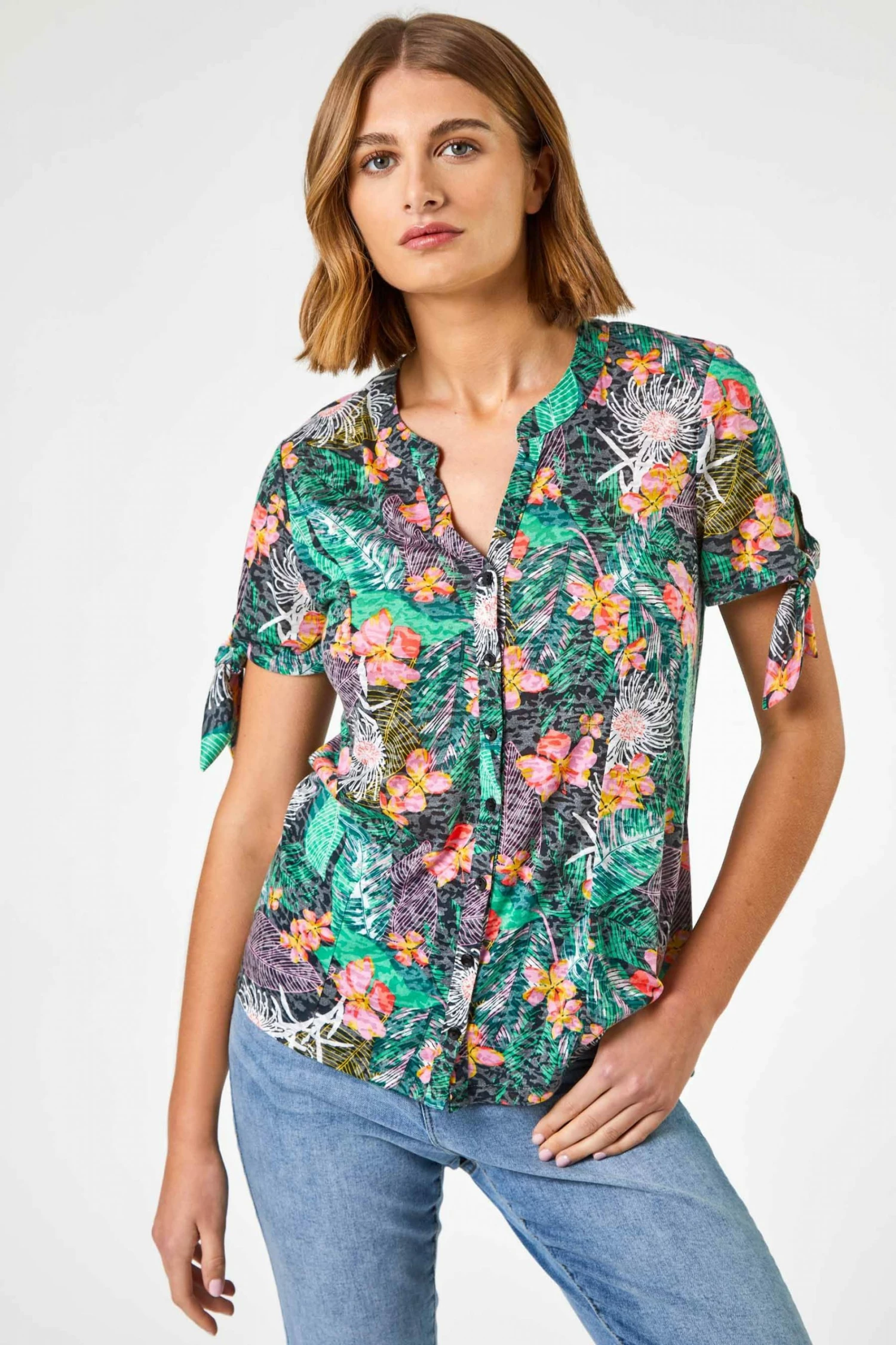 Roman Green Tropical Burnout Print Tie Detail Top 3 Roman Green Tropical Burnout Print Tie Detail Top