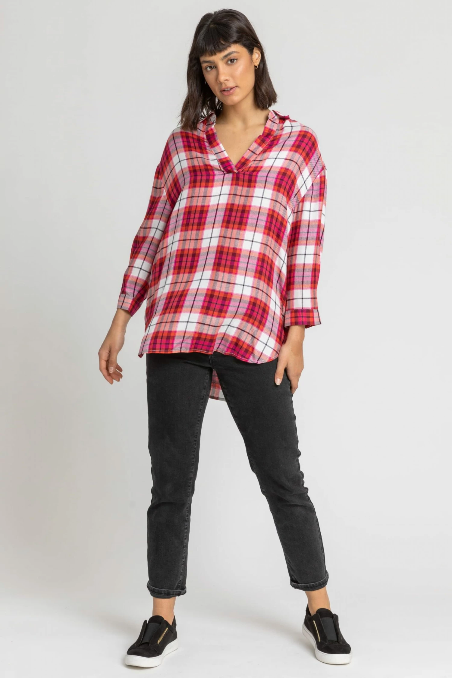 Roman Pink Check Print Notch Neck Shirt 3 Roman Pink Check Print Notch Neck Shirt