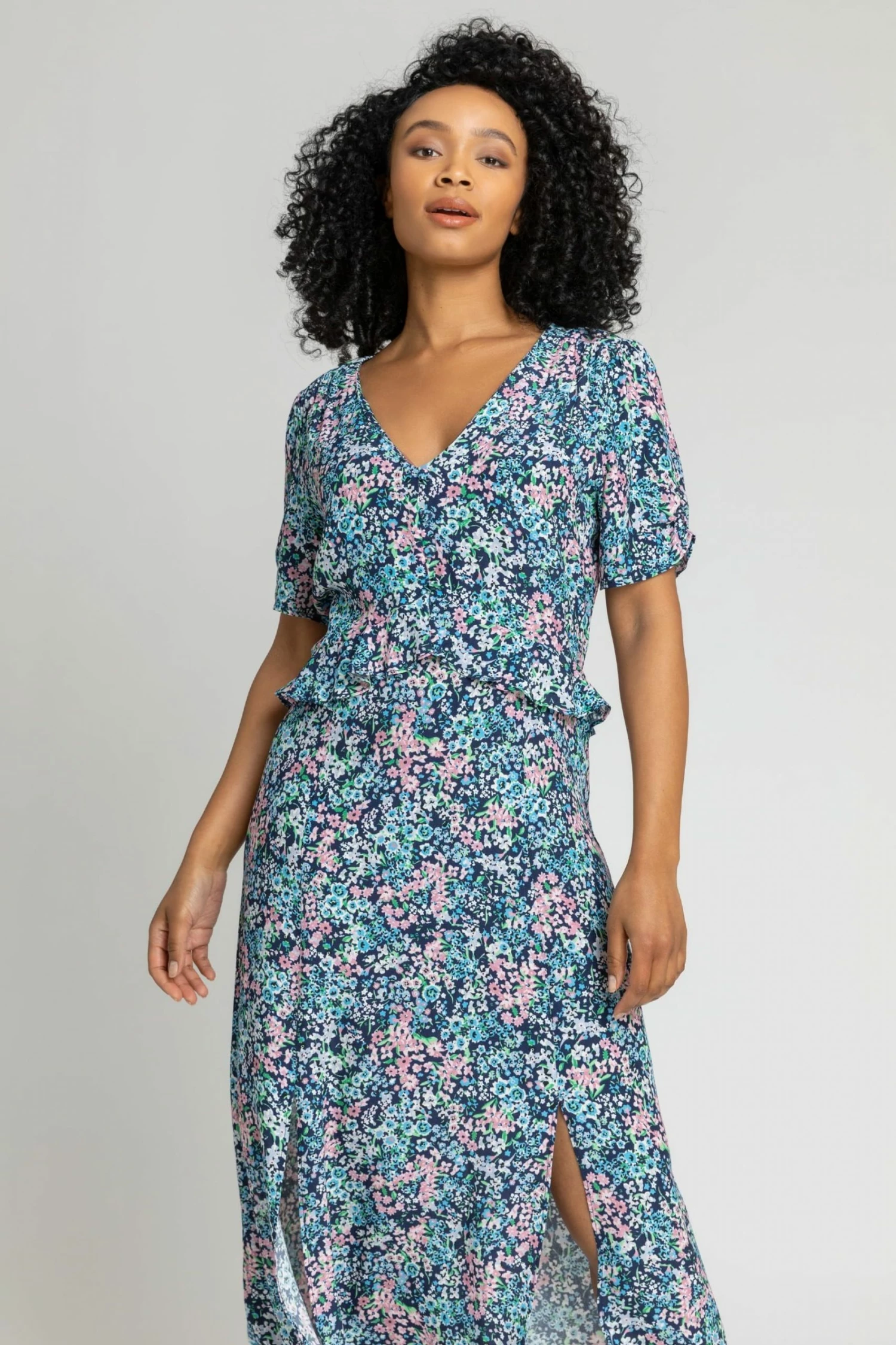 Roman Blue Petite Floral Frill Detail Midi Dress 3 Roman Blue Petite Floral Frill Detail Midi Dress