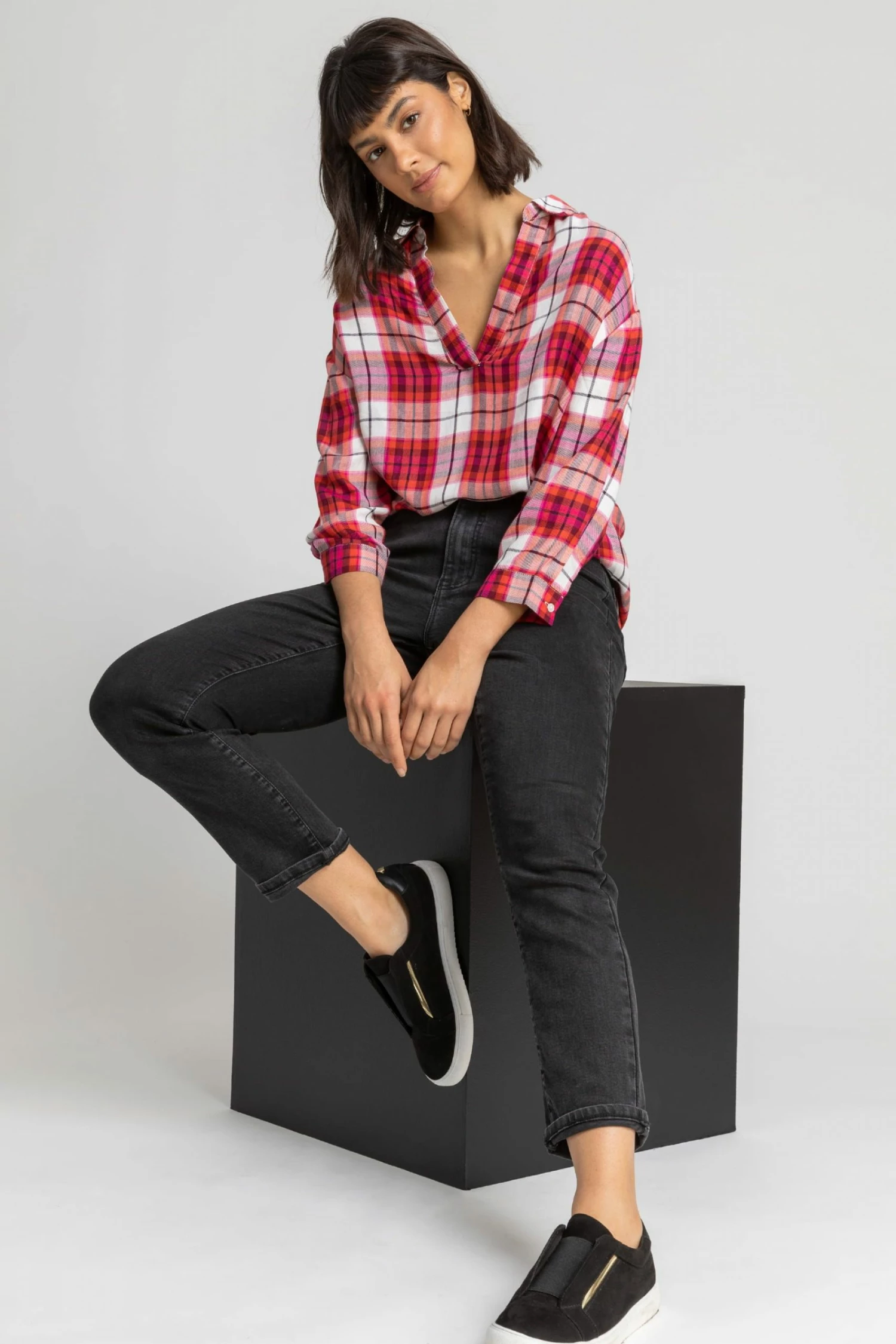 Roman Pink Check Print Notch Neck Shirt 5 Roman Pink Check Print Notch Neck Shirt - Image 3