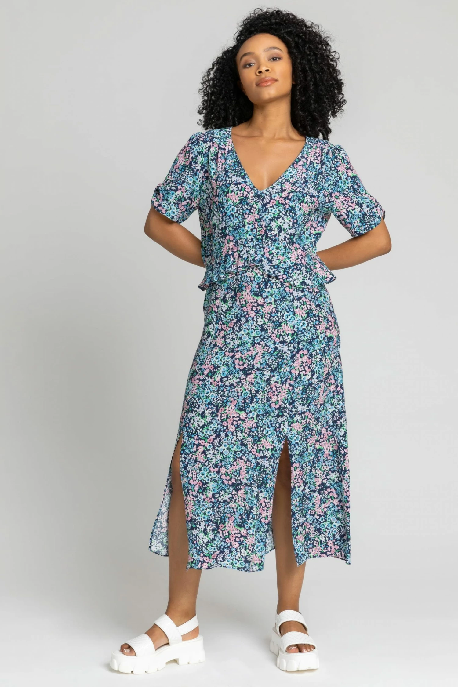 Roman Blue Petite Floral Frill Detail Midi Dress 5 Roman Blue Petite Floral Frill Detail Midi Dress - Image 3