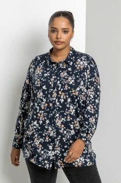 Roman Blue Curve Ditsy Floral Print Shirt