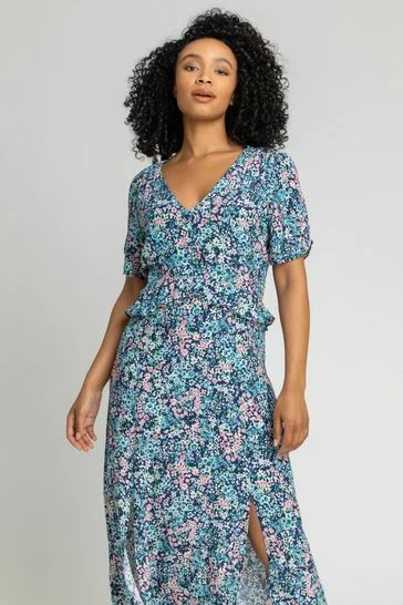 Roman Blue Petite Floral Frill Detail Midi Dress 7 Roman Blue Petite Floral Frill Detail Midi Dress - Image 5