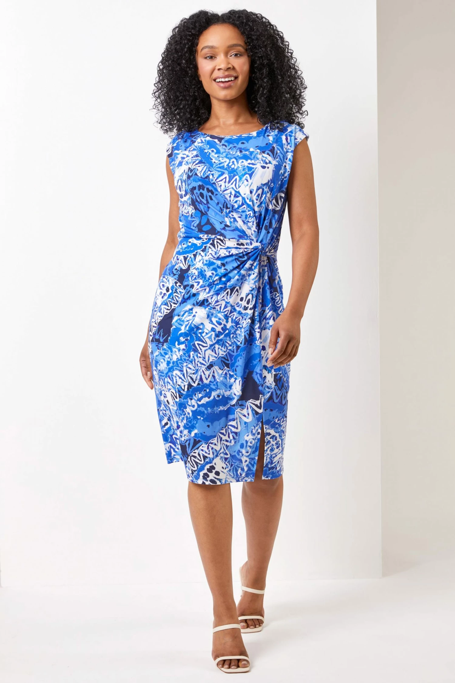Roman Blue Petite Abstract Print Knot Detail Midi Dress 4 Roman Blue Petite Abstract Print Knot Detail Midi Dress - Image 2