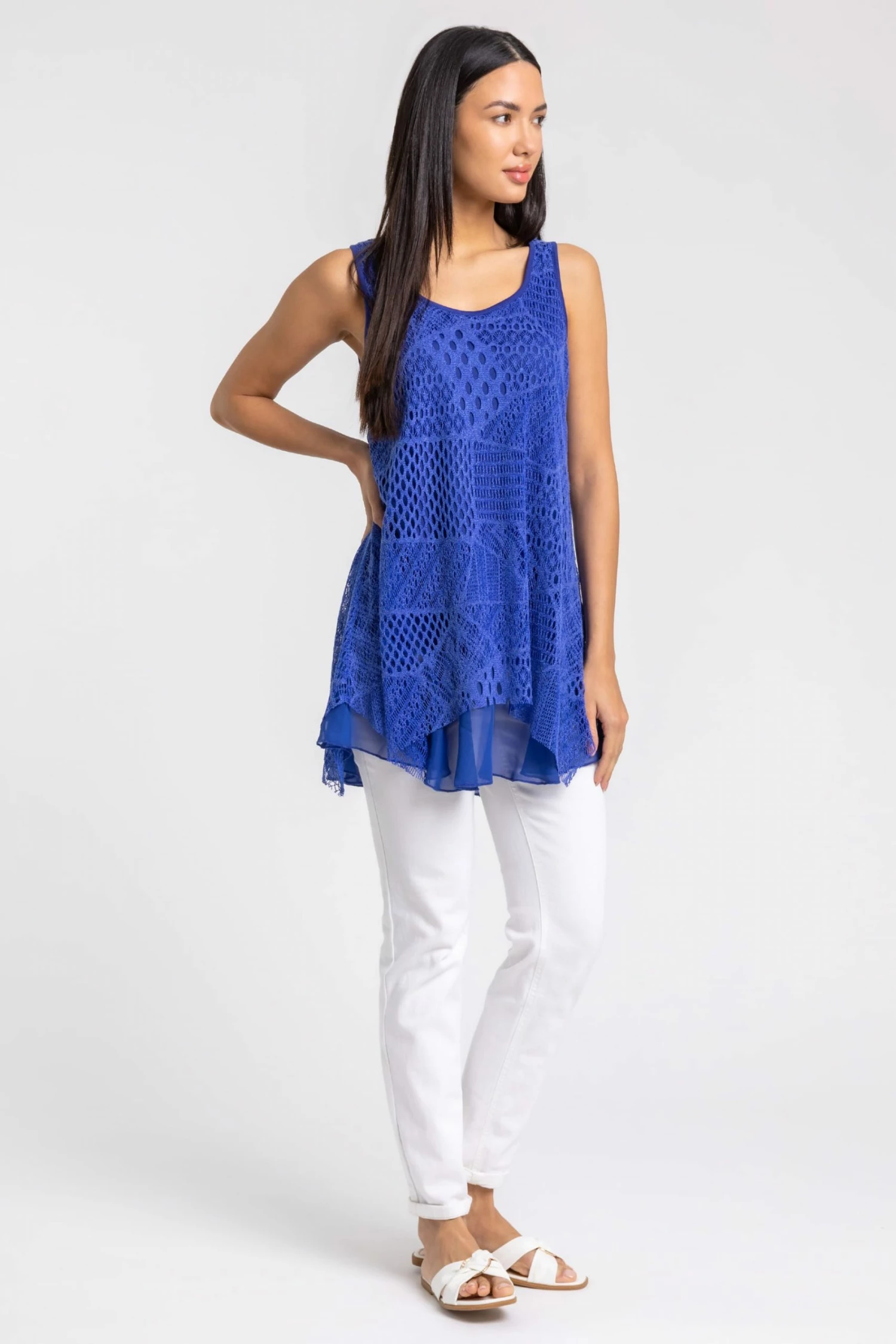 Roman Blue Lace Overlay Hanky Hem Vest Top 5 Roman Blue Lace Overlay Hanky Hem Vest Top - Image 3