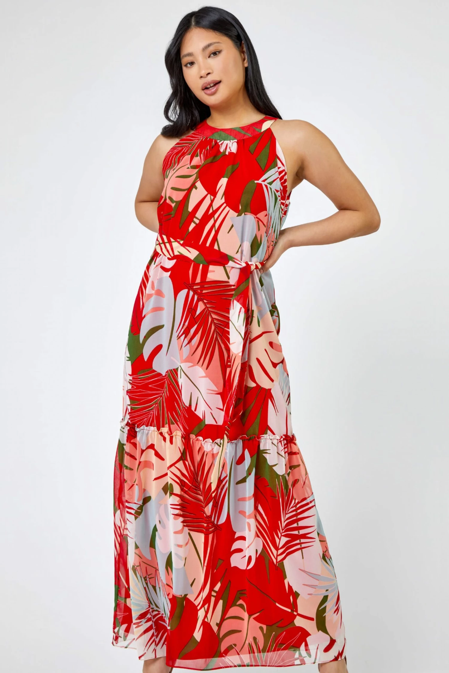 Roman Red Petite Tropical Print Tiered Dress 3 Roman Red Petite Tropical Print Tiered Dress