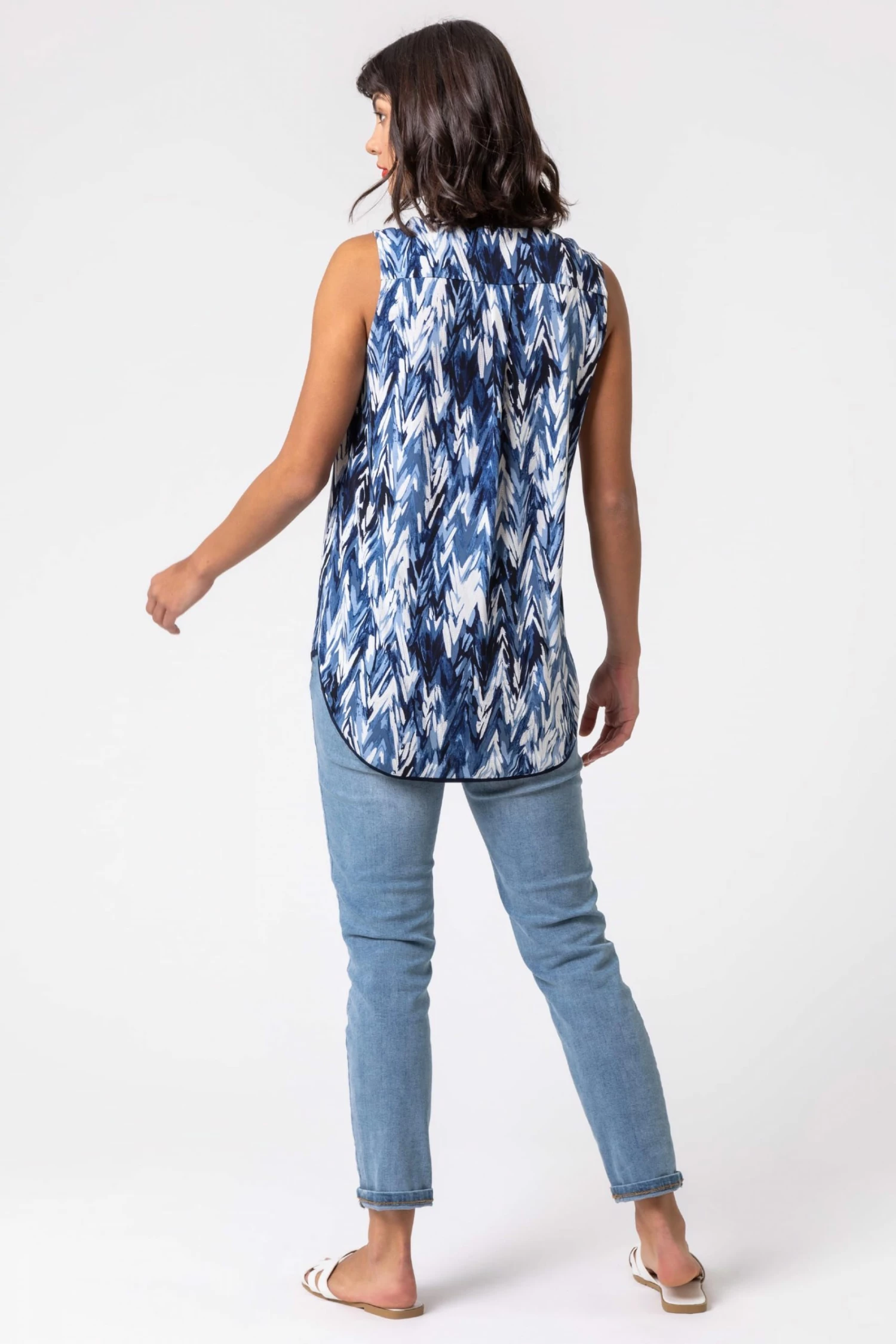 Roman Blue Abstract Print Notch Neck Sleeveless Top 4 Roman Blue Abstract Print Notch Neck Sleeveless Top - Image 2