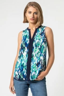 Roman Green Abstract Print Notch Neck Sleeveless Top