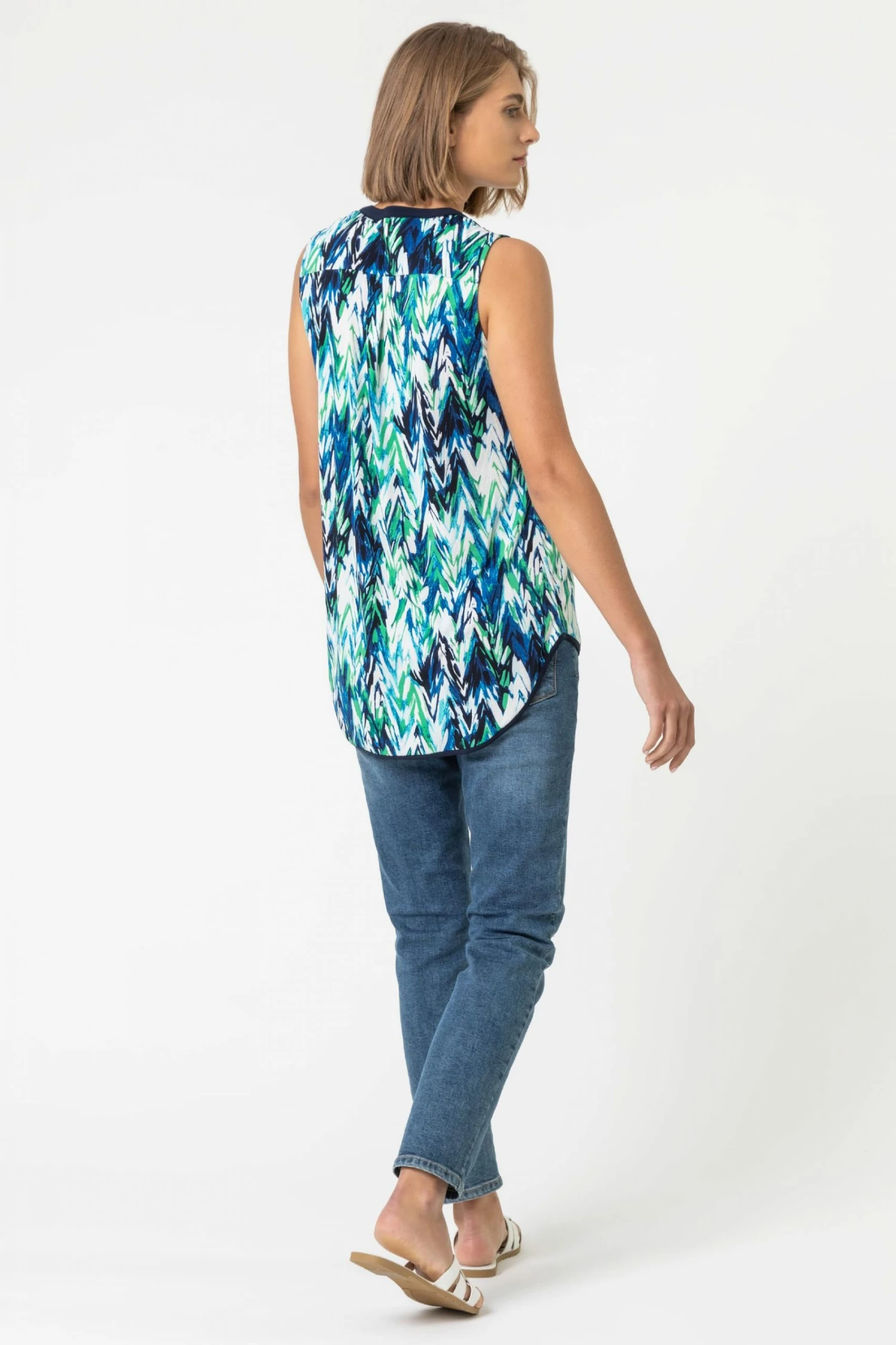 Roman Green Abstract Print Notch Neck Sleeveless Top 4 Roman Green Abstract Print Notch Neck Sleeveless Top - Image 2