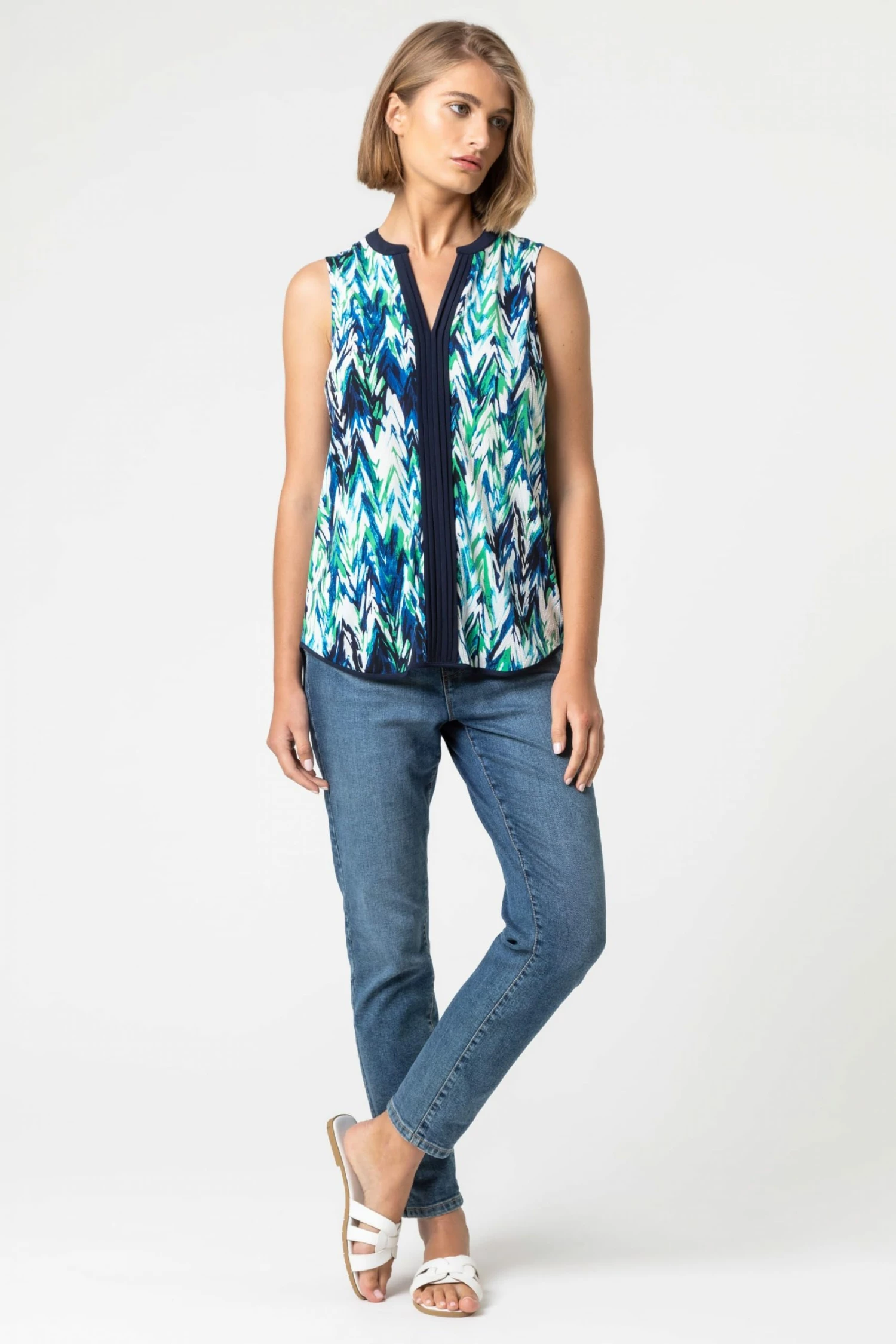 Roman Green Abstract Print Notch Neck Sleeveless Top 5 Roman Green Abstract Print Notch Neck Sleeveless Top - Image 3