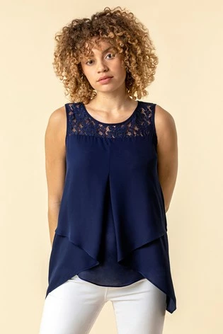 Roman Navy Lace Yoke Asymmetric Vest Top 7 Roman Navy Lace Yoke Asymmetric Vest Top - Image 5