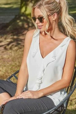 Roman Cream Sleeveless Ruffle Front Vest Top