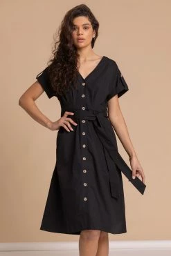 Roman Black Cotton Belted Midi Shirt Dress