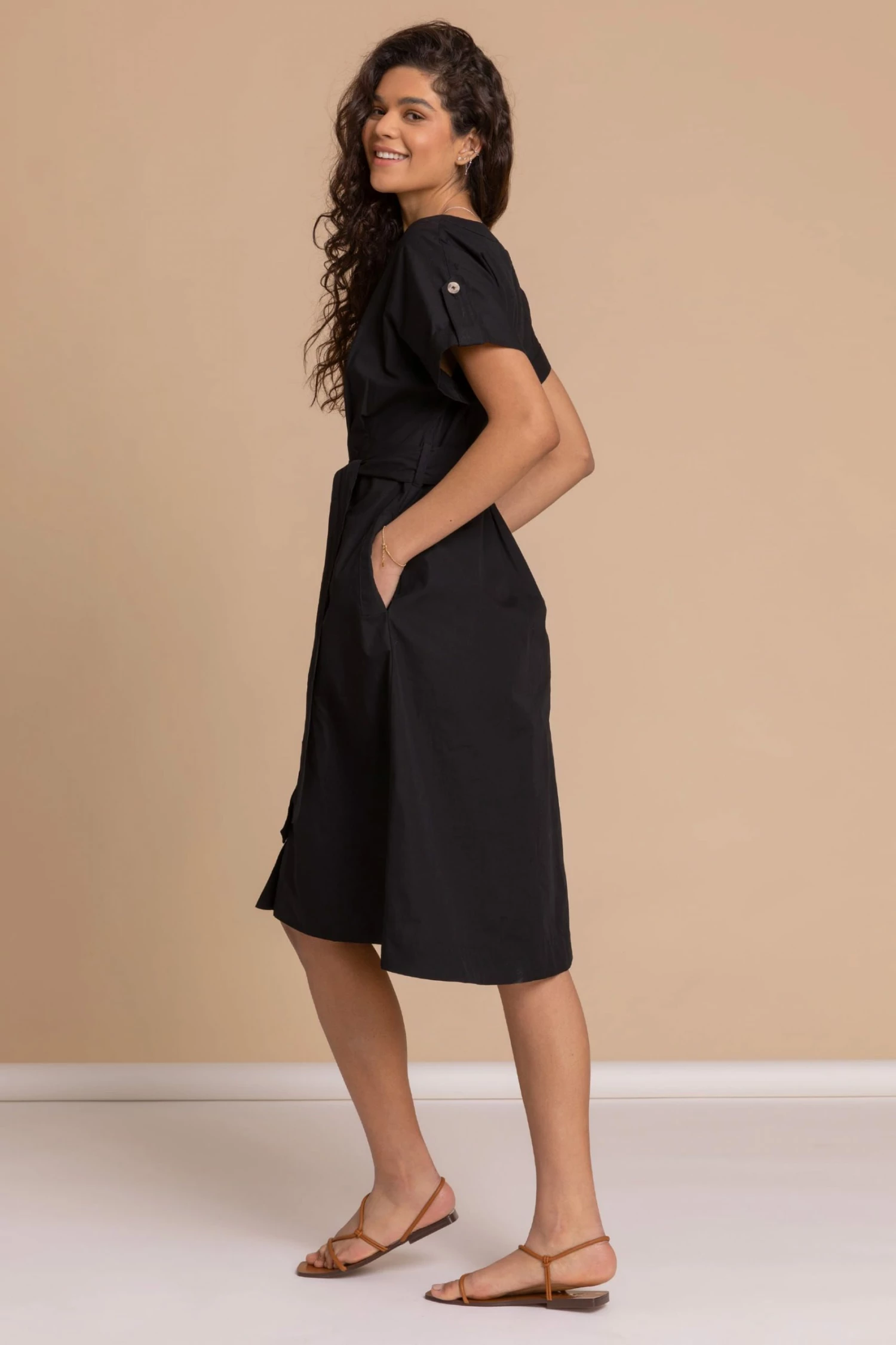 Roman Black Cotton Belted Midi Shirt Dress 4 Roman Black Cotton Belted Midi Shirt Dress - Image 2