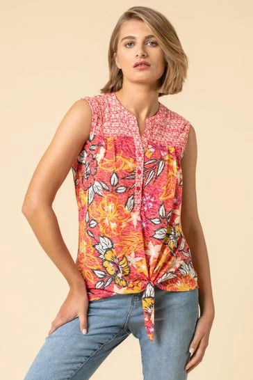 Roman Pink Tropical Floral Burnout Tie Detail Top 7 Roman Pink Tropical Floral Burnout Tie Detail Top - Image 5