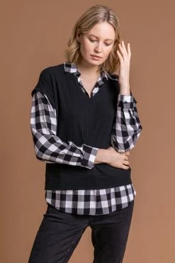 Roman Black Check Print Sweater Vest Top