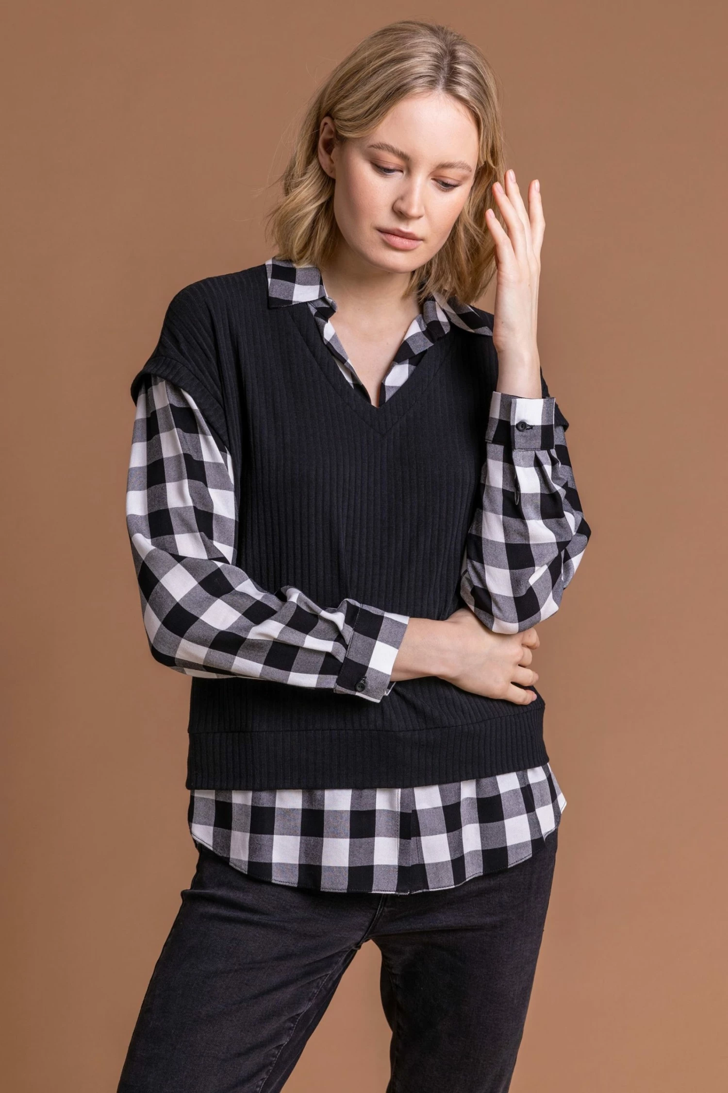 Roman Black Check Print Sweater Vest Top 3 Roman Black Check Print Sweater Vest Top