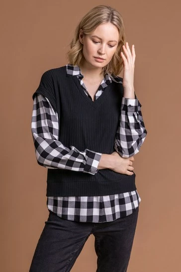 Roman Black Check Print Sweater Vest Top 8 Roman Black Check Print Sweater Vest Top - Image 6