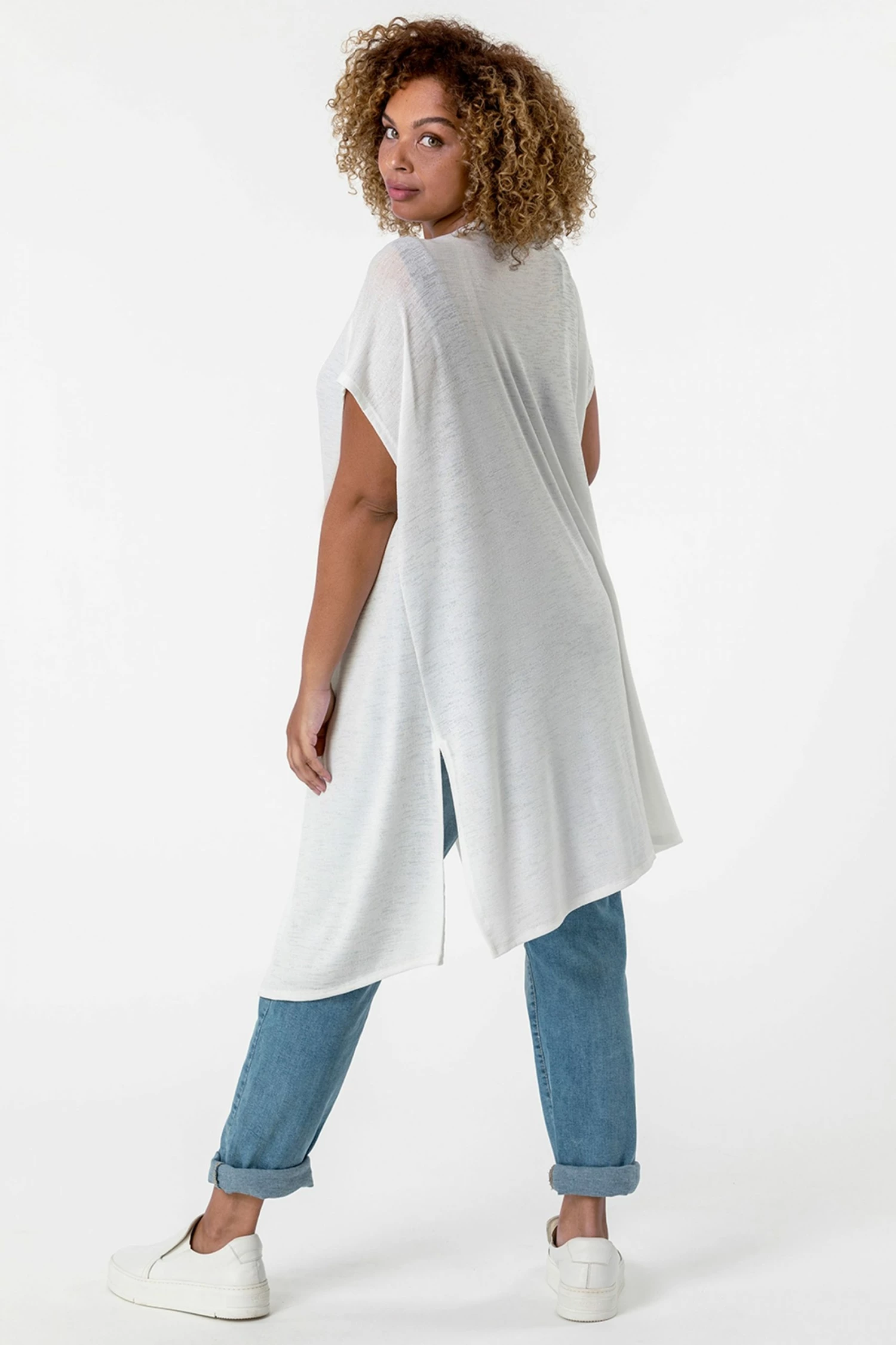 Roman White Curve Cap Sleeve Longline Cardigan 4 Roman White Curve Cap Sleeve Longline Cardigan - Image 2