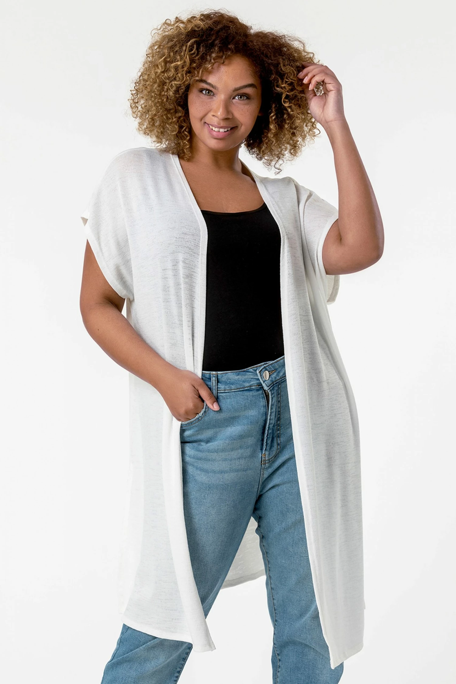 Roman White Curve Cap Sleeve Longline Cardigan 6 Roman White Curve Cap Sleeve Longline Cardigan - Image 4