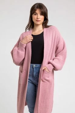 Roman Pink Curve Curve Longline Ribbed Cardigan