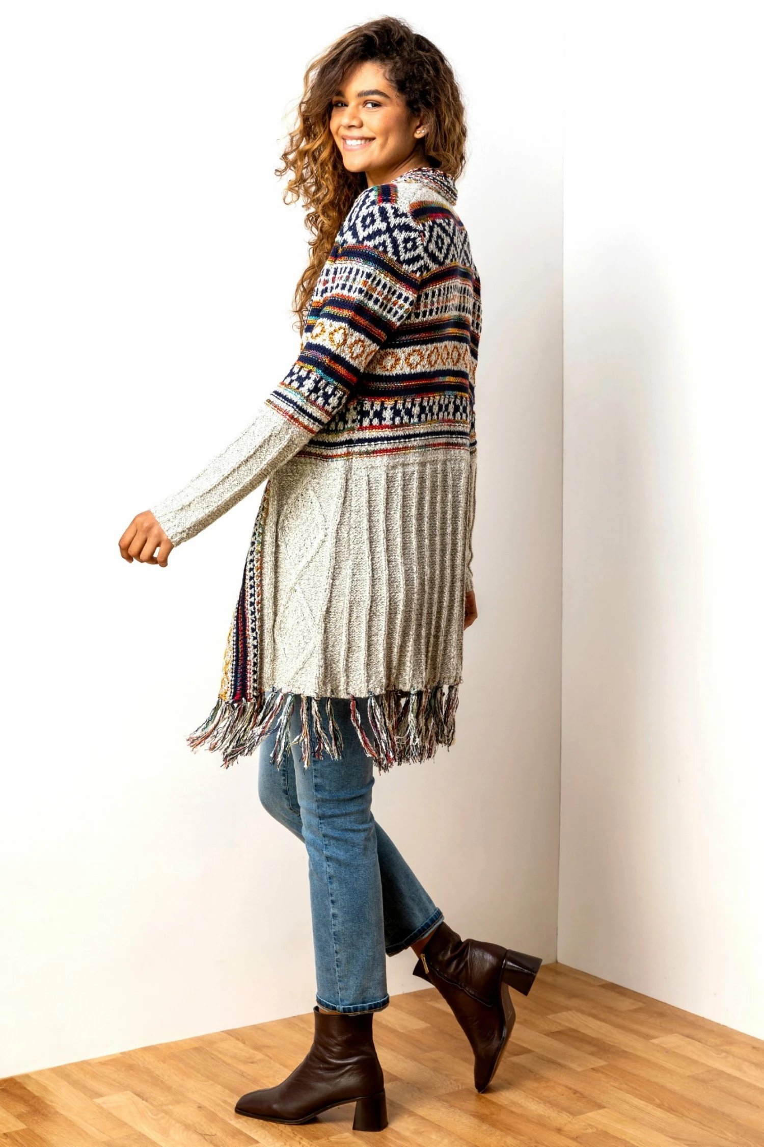 Roman Cream Aztec Print Fringed Hem Cardigan 4 Roman Cream Aztec Print Fringed Hem Cardigan - Image 2