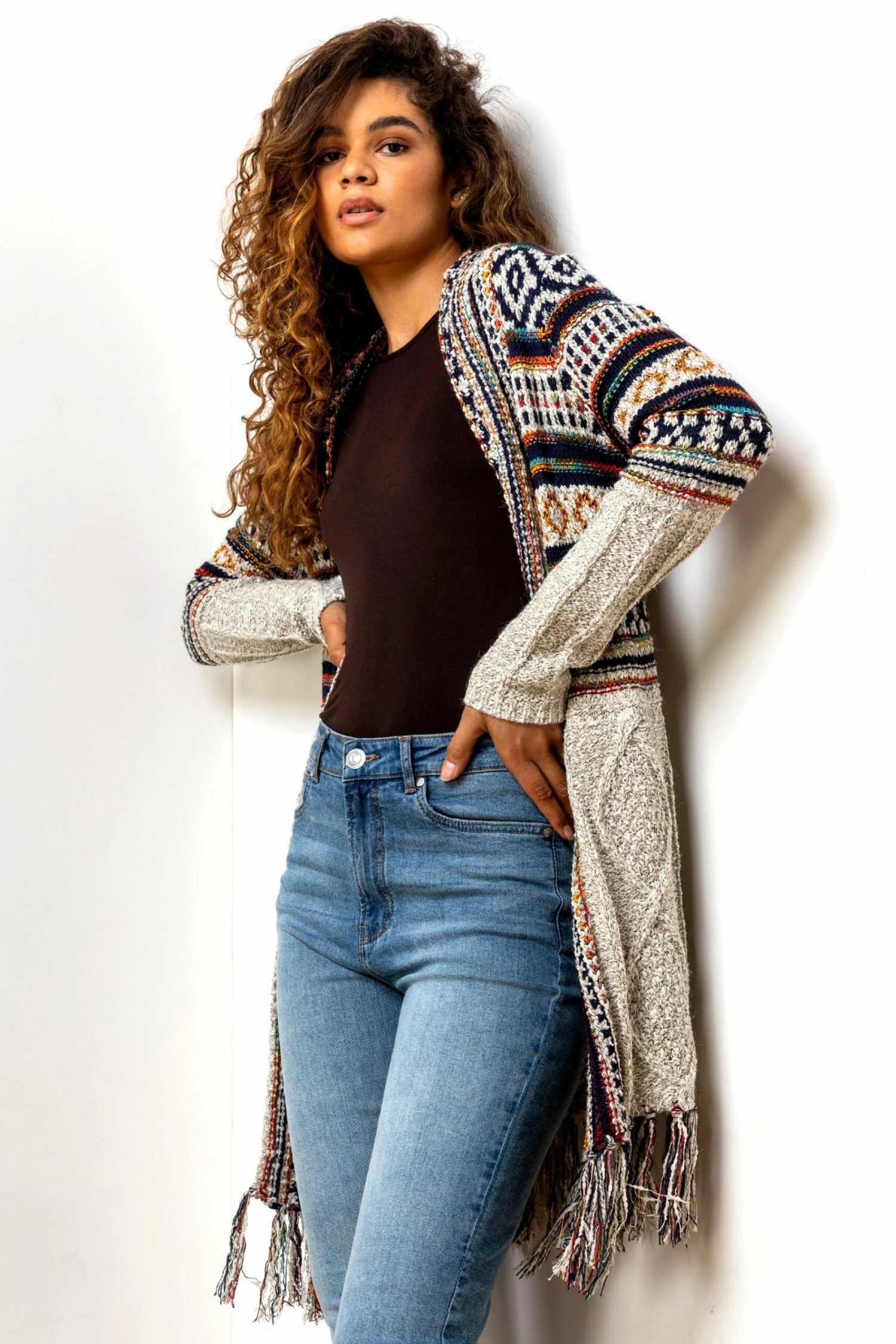 Roman Cream Aztec Print Fringed Hem Cardigan 5 Roman Cream Aztec Print Fringed Hem Cardigan - Image 3