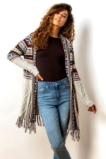 Roman Cream Aztec Print Fringed Hem Cardigan 7 Roman Cream Aztec Print Fringed Hem Cardigan - Image 5