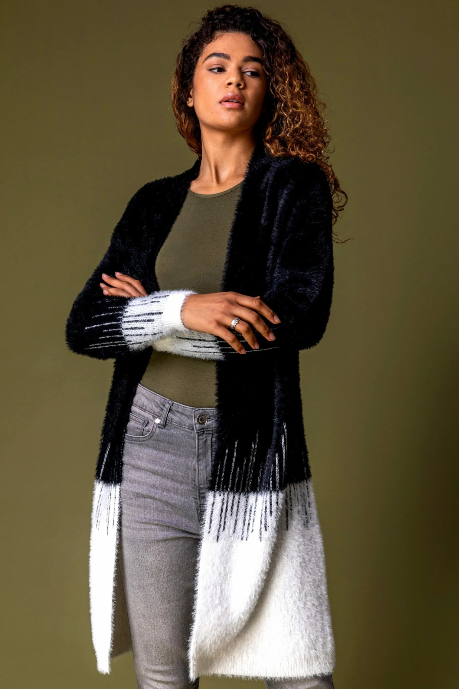 Roman Black Line Print Longline Fluffy Cardigan 3 Roman Black Line Print Longline Fluffy Cardigan