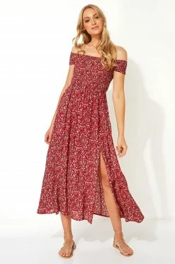 Roman Red Print Shirred Bardot Maxi Dress