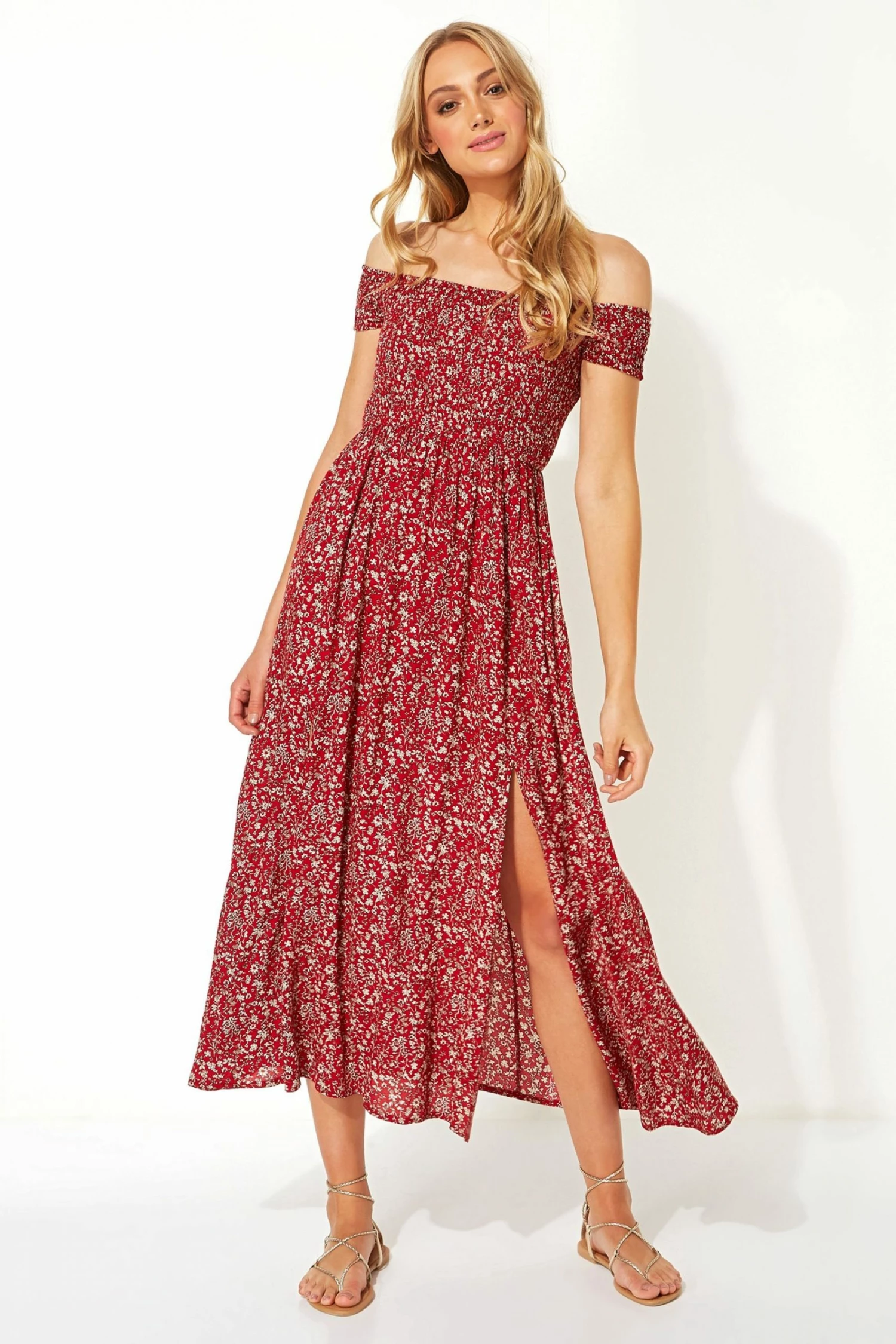 Roman Red Print Shirred Bardot Maxi Dress 3 Roman Red Print Shirred Bardot Maxi Dress