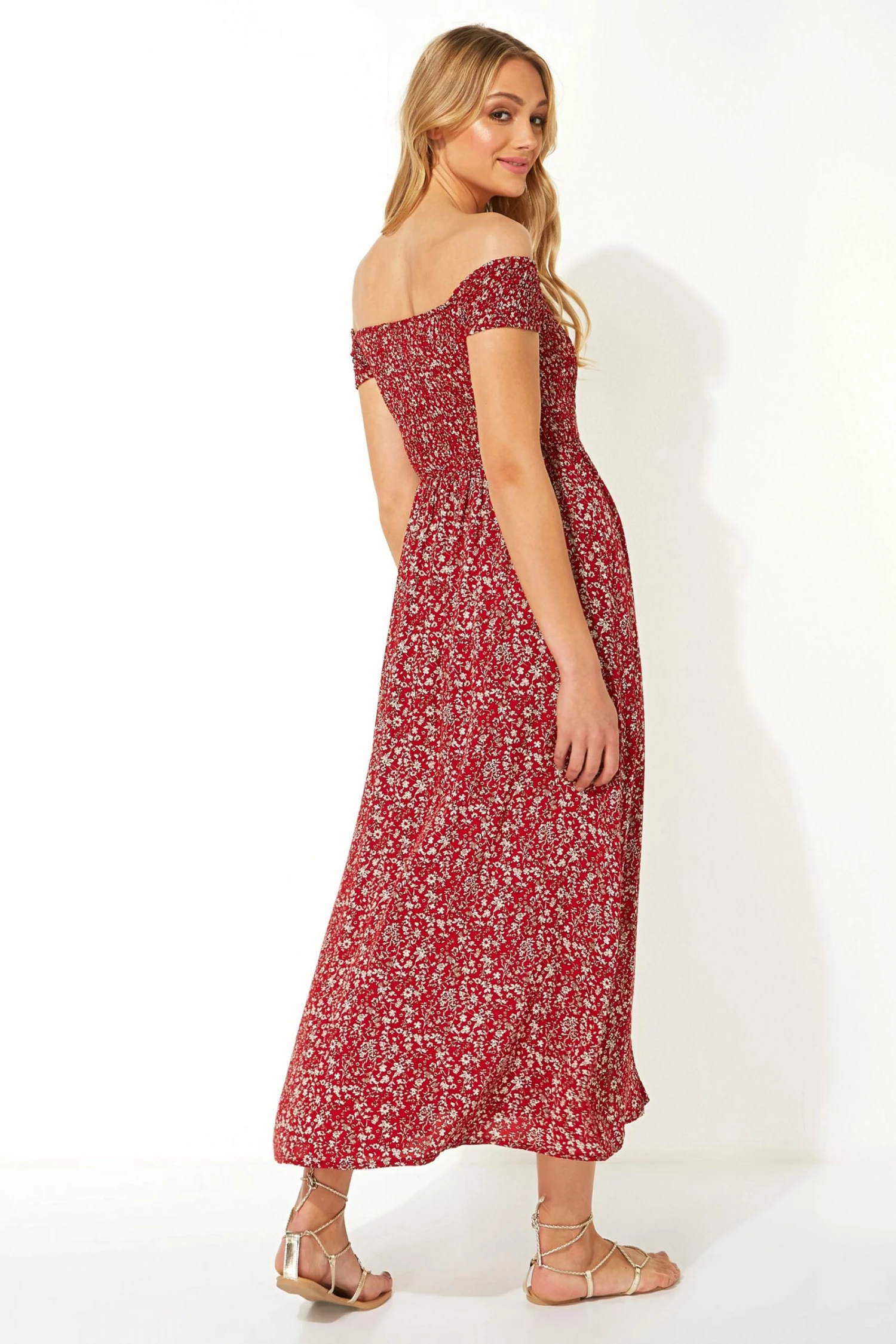 Roman Red Print Shirred Bardot Maxi Dress 4 Roman Red Print Shirred Bardot Maxi Dress - Image 2