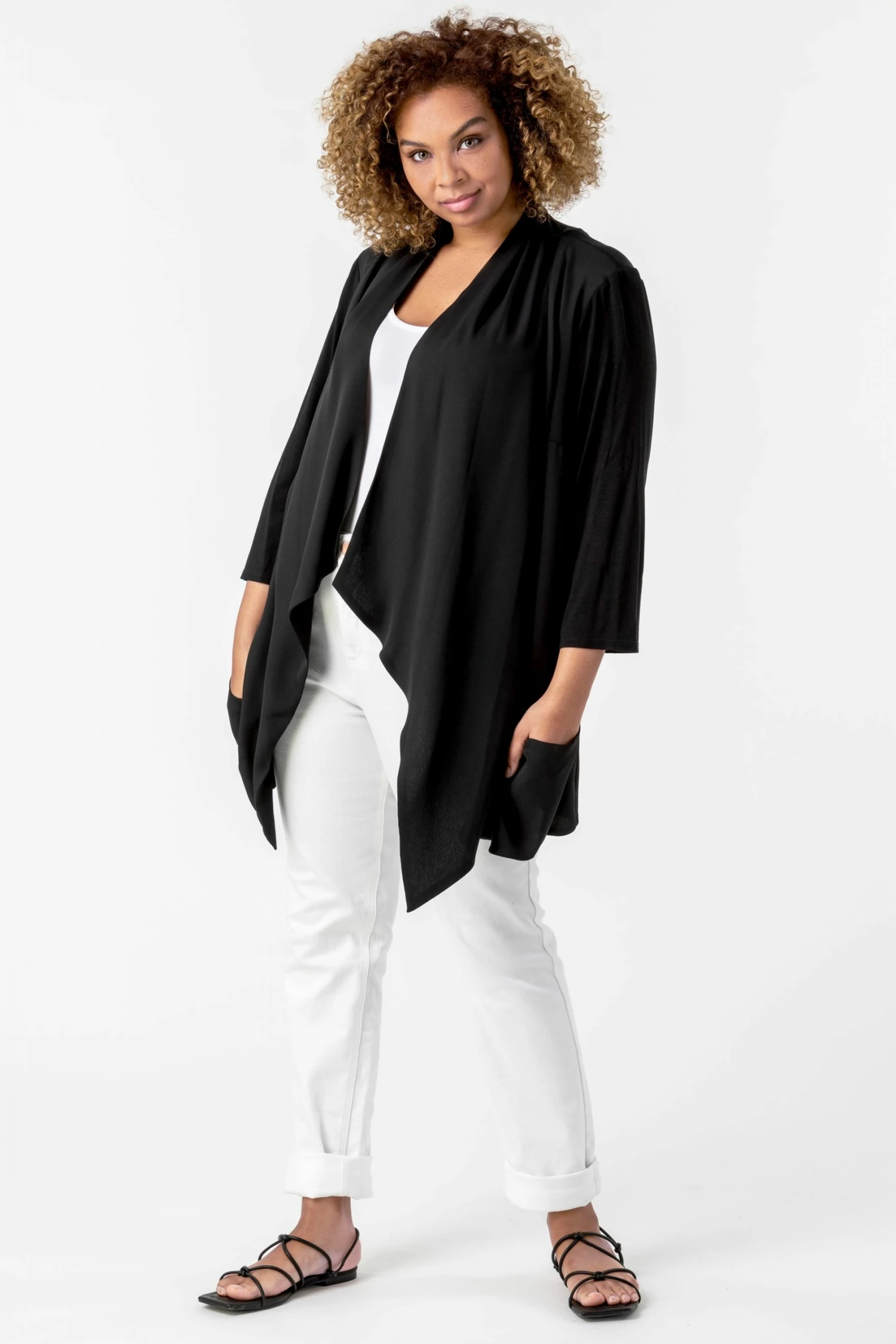 Roman Black Curve Woven Front Jersey Cardigan 5 Roman Black Curve Woven Front Jersey Cardigan - Image 3