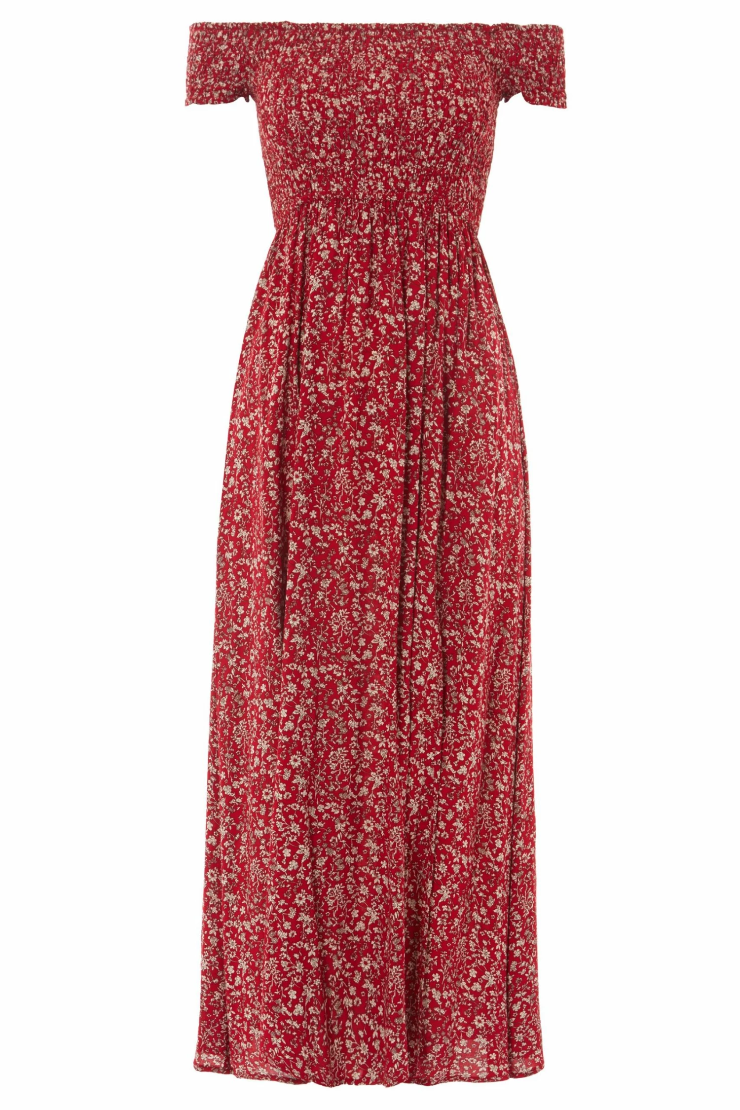 Roman Red Print Shirred Bardot Maxi Dress 6 Roman Red Print Shirred Bardot Maxi Dress - Image 4