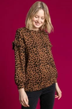 Roman Brown Frill Sleeve Animal Print Sweat Top -Roman Sales Shop unnamed file 12337