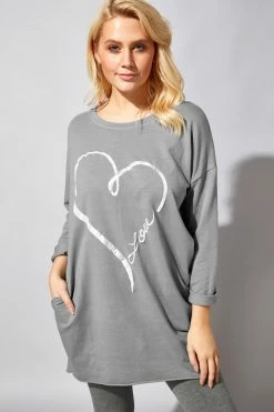 Roman Grey Foil Heart Pocket Sweater Top