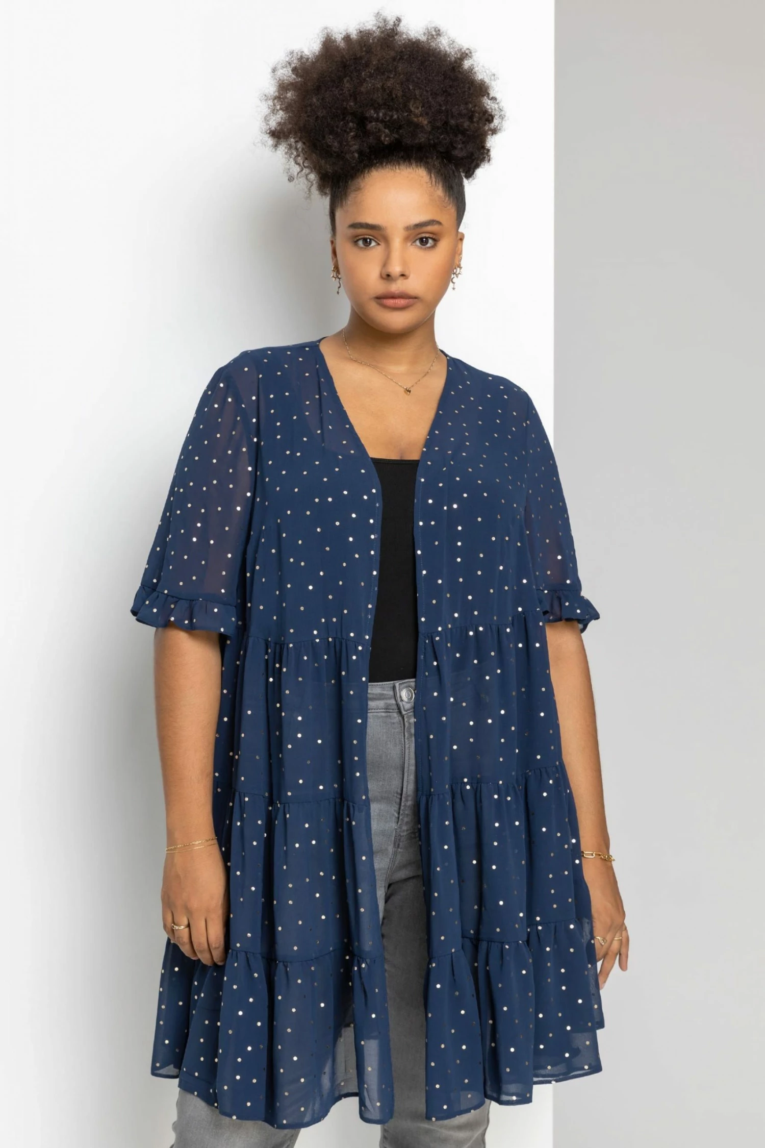 Roman Blue Curve Flock Spot Tiered Kimono 3 Roman Blue Curve Flock Spot Tiered Kimono