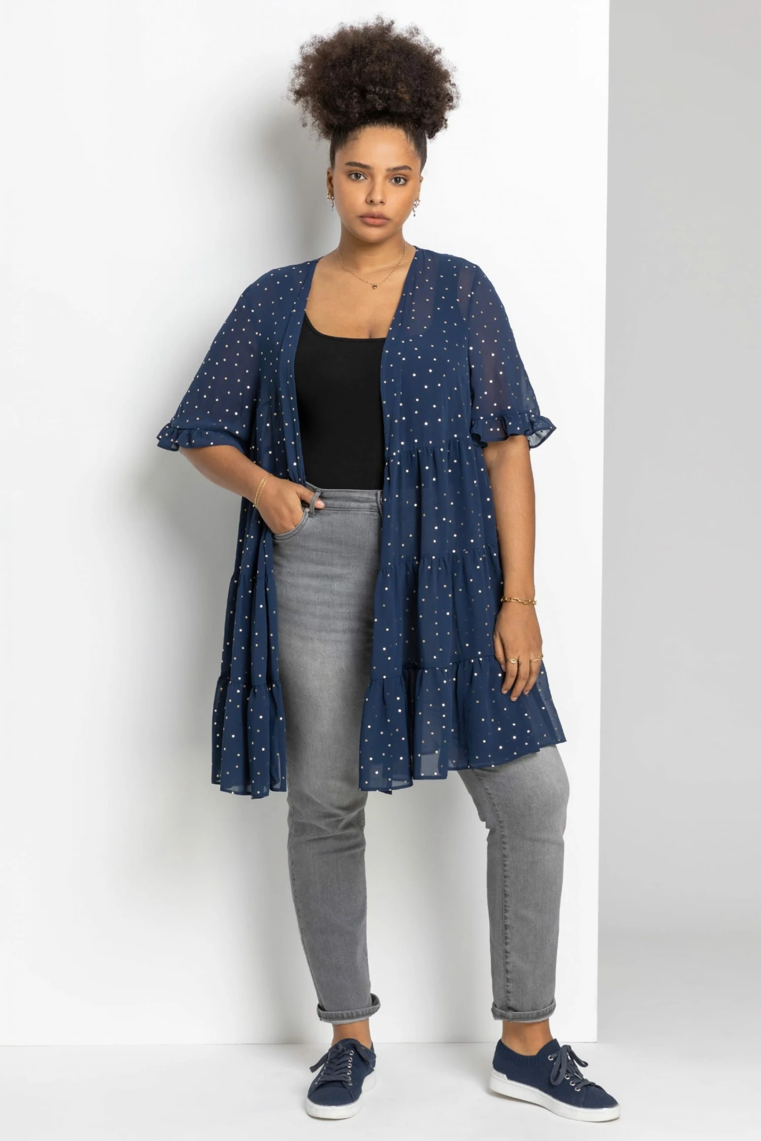 Roman Blue Curve Flock Spot Tiered Kimono 5 Roman Blue Curve Flock Spot Tiered Kimono - Image 3