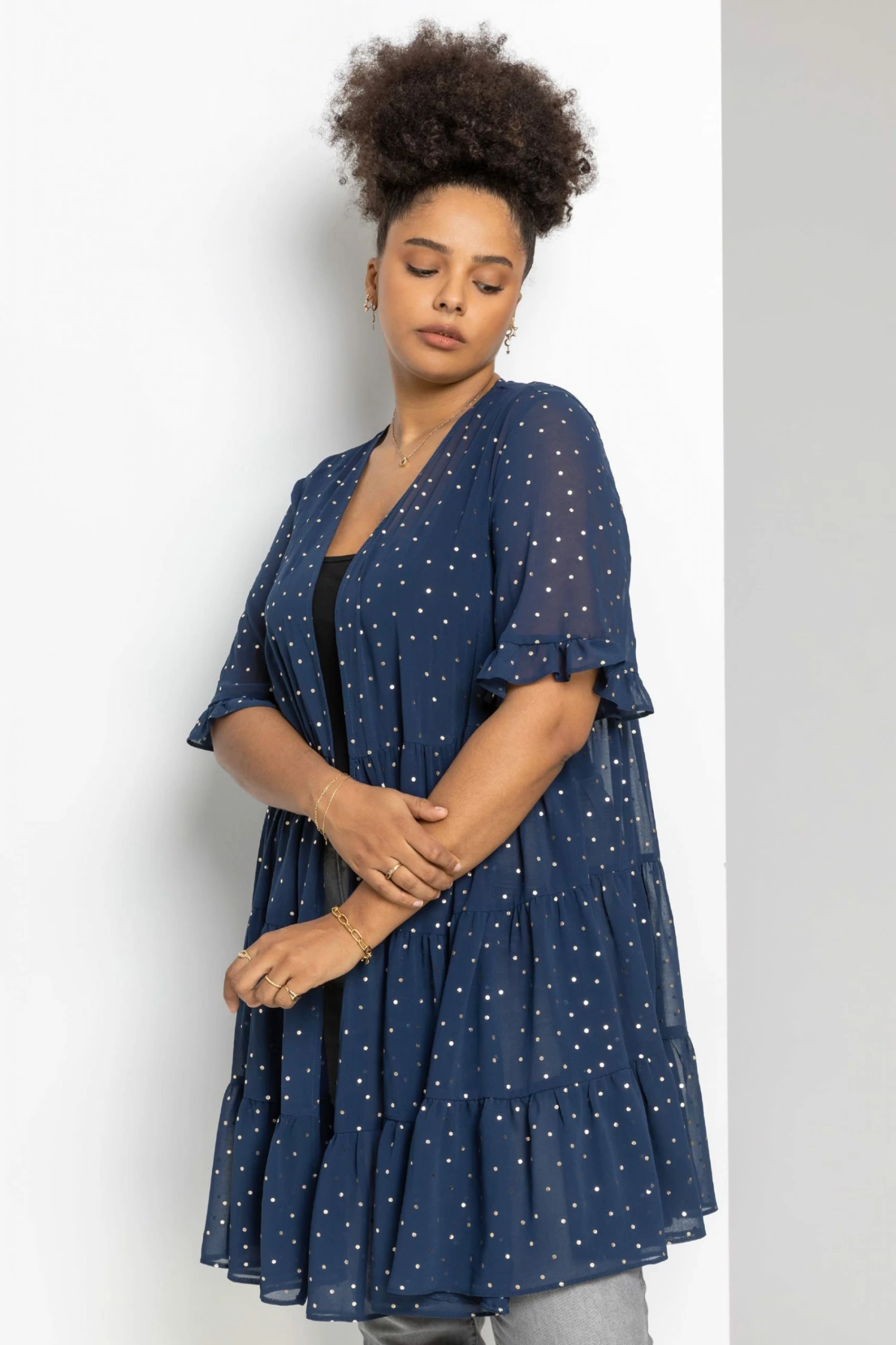Roman Blue Curve Flock Spot Tiered Kimono 7 Roman Blue Curve Flock Spot Tiered Kimono - Image 5