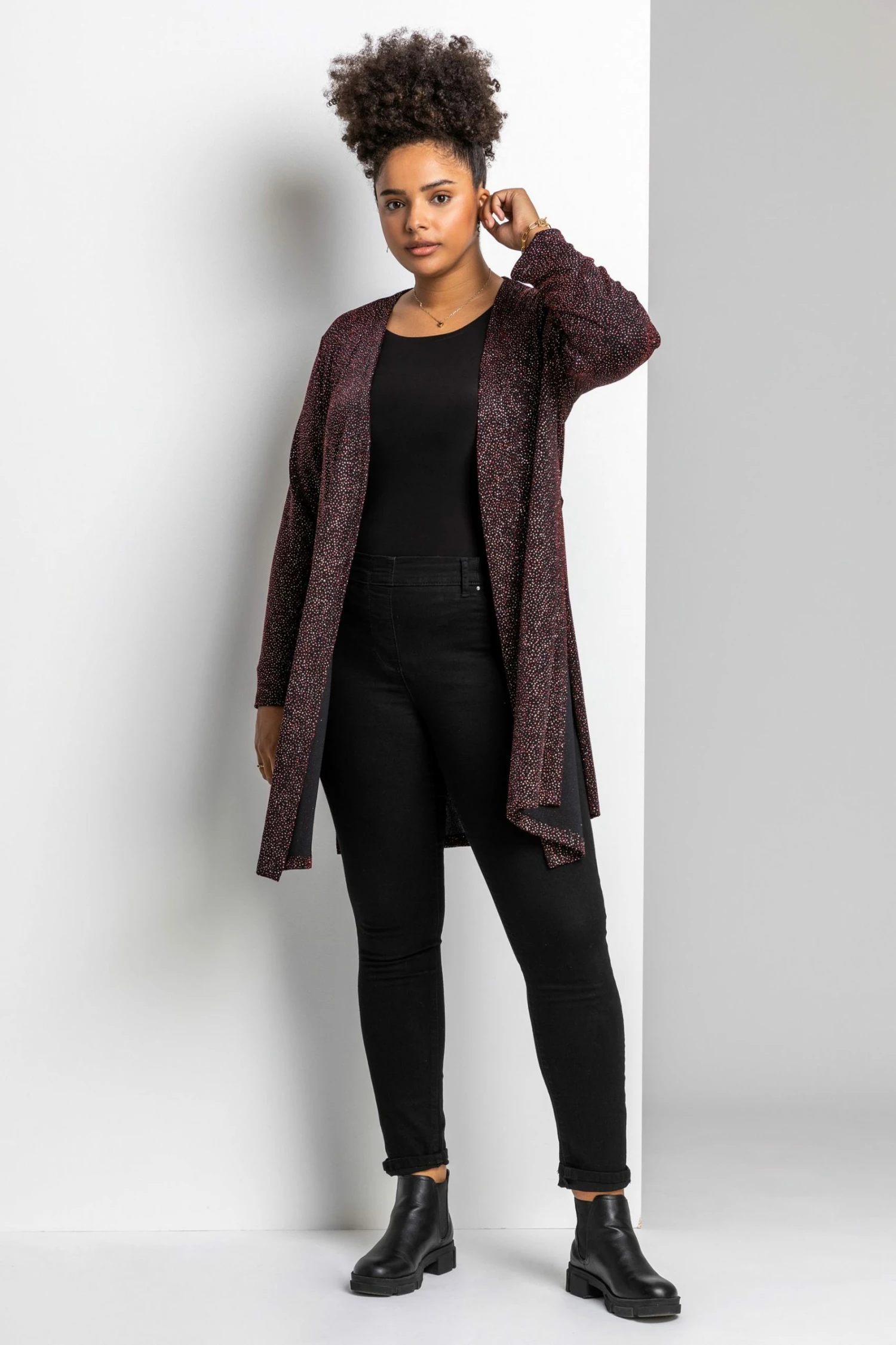 Roman Red Curve Longline Shimmer Kimono 4 Roman Red Curve Longline Shimmer Kimono - Image 3