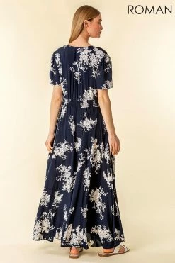 Roman Blue Floral Print Shirred Waist Maxi Dress 7 Roman Blue Floral Print Shirred Waist Maxi Dress -Roman Sales Shop unnamed file 12436
