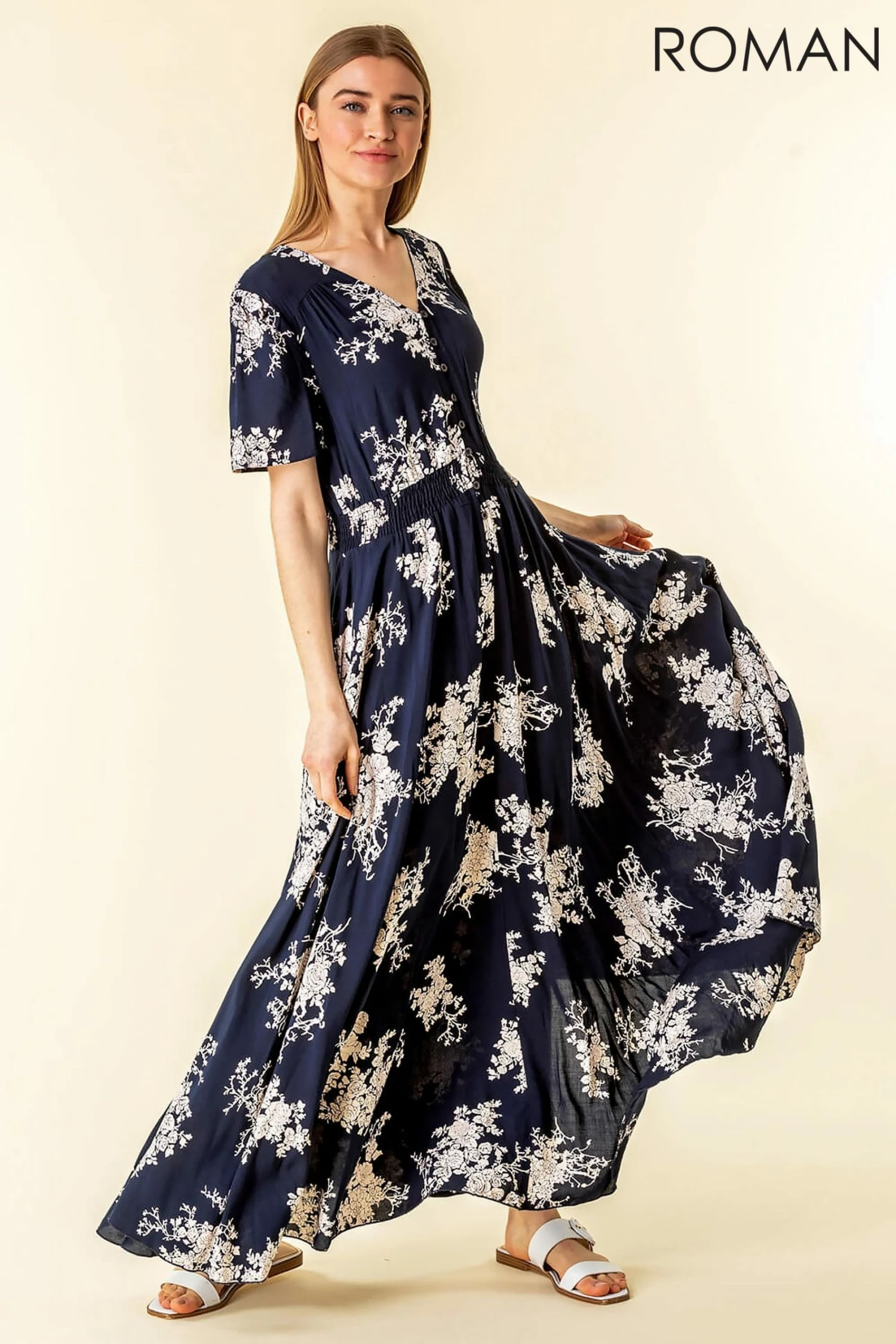 Roman Blue Floral Print Shirred Waist Maxi Dress 4 Roman Blue Floral Print Shirred Waist Maxi Dress - Image 3