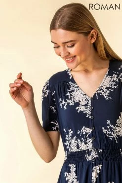 Roman Blue Floral Print Shirred Waist Maxi Dress 9 Roman Blue Floral Print Shirred Waist Maxi Dress -Roman Sales Shop unnamed file 12438