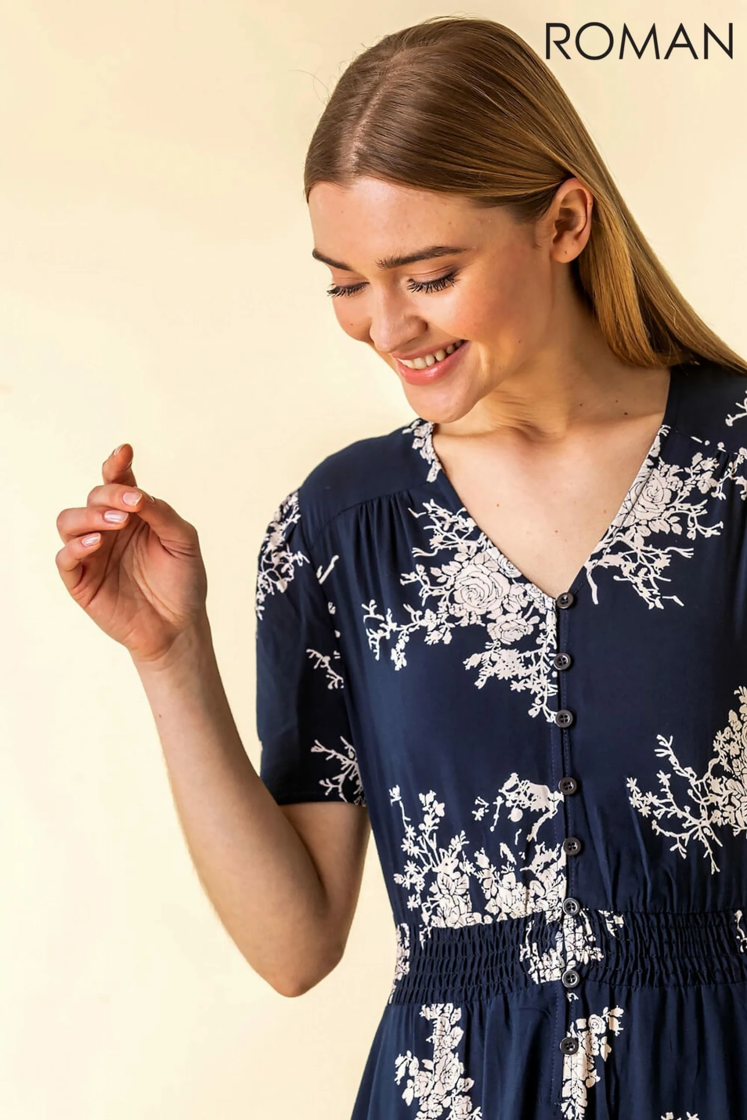 Roman Blue Floral Print Shirred Waist Maxi Dress 5 Roman Blue Floral Print Shirred Waist Maxi Dress - Image 4