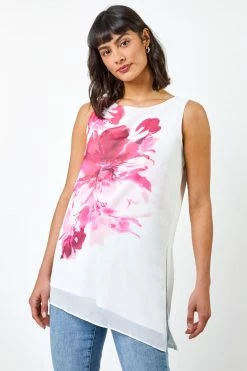 Roman White Bold Floral Overlay Vest Top