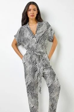Roman Black Wave Print Belted Jumpsuit
