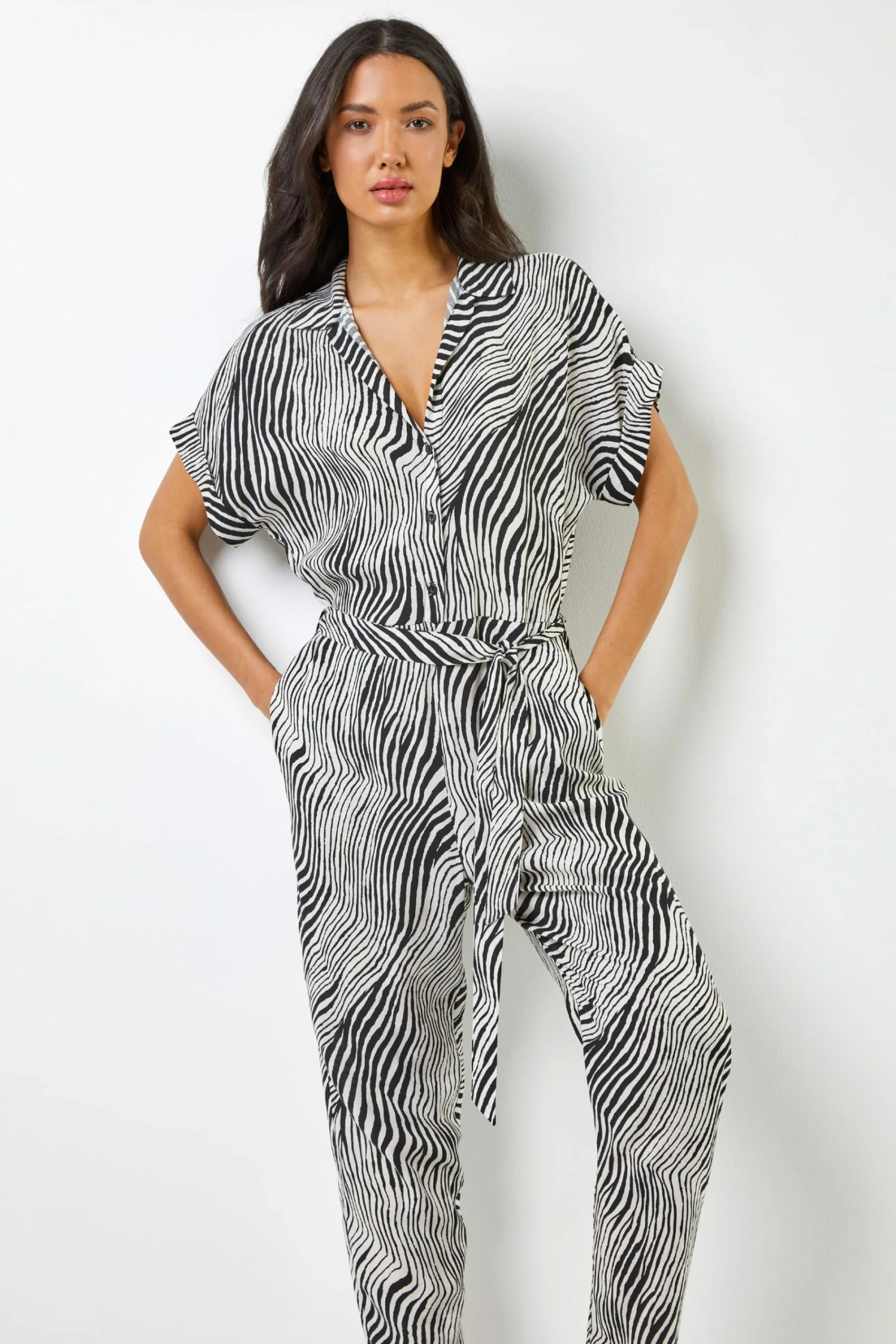 Roman Black Wave Print Belted Jumpsuit 3 Roman Black Wave Print Belted Jumpsuit