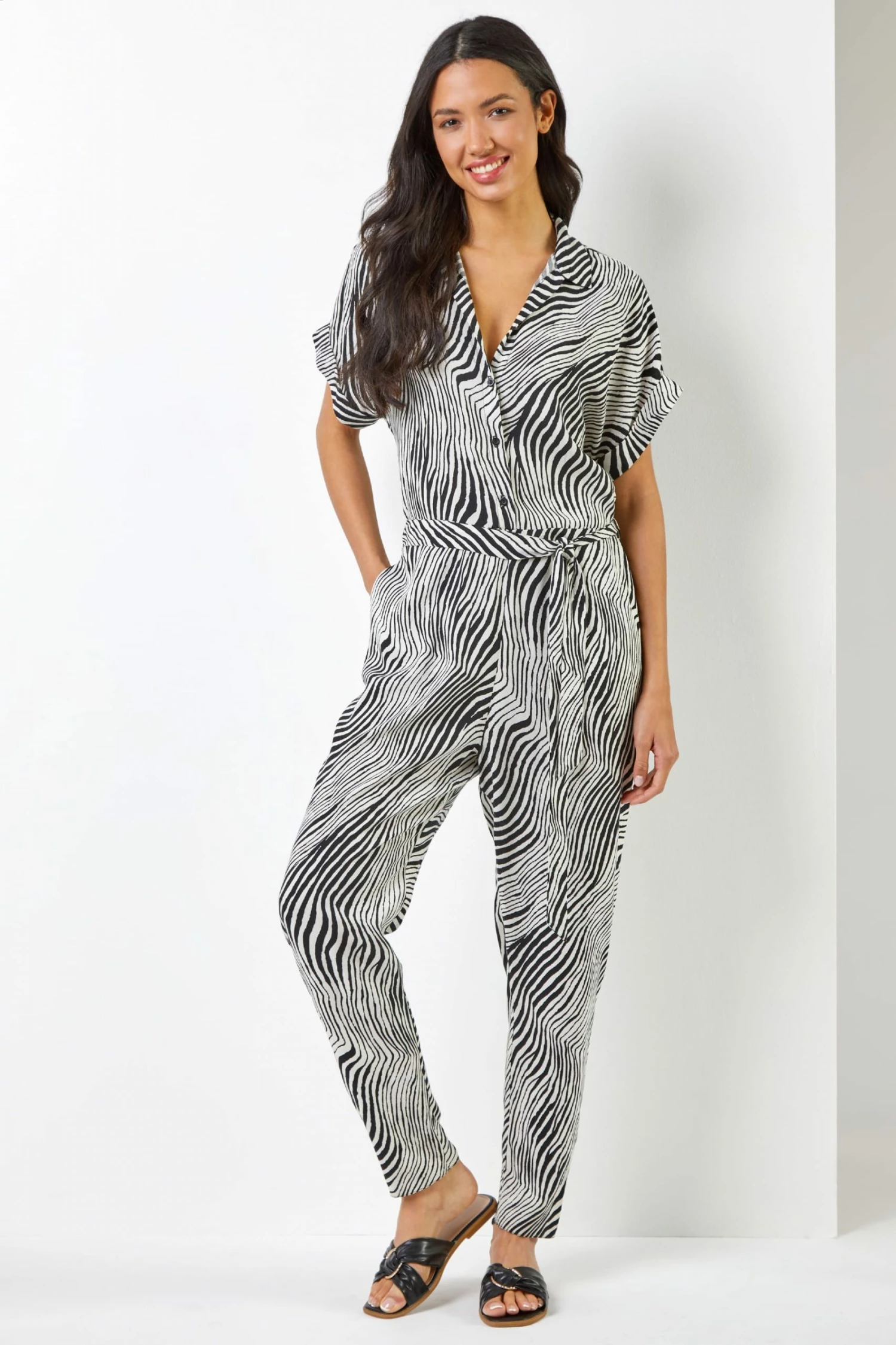 Roman Black Wave Print Belted Jumpsuit 5 Roman Black Wave Print Belted Jumpsuit - Image 3