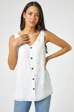 Roman White Foil Print Button Detail Top