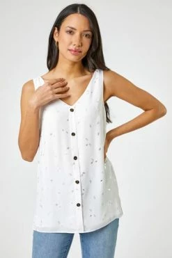Roman White Foil Print Button Detail Top -Roman Sales Shop unnamed file 12469